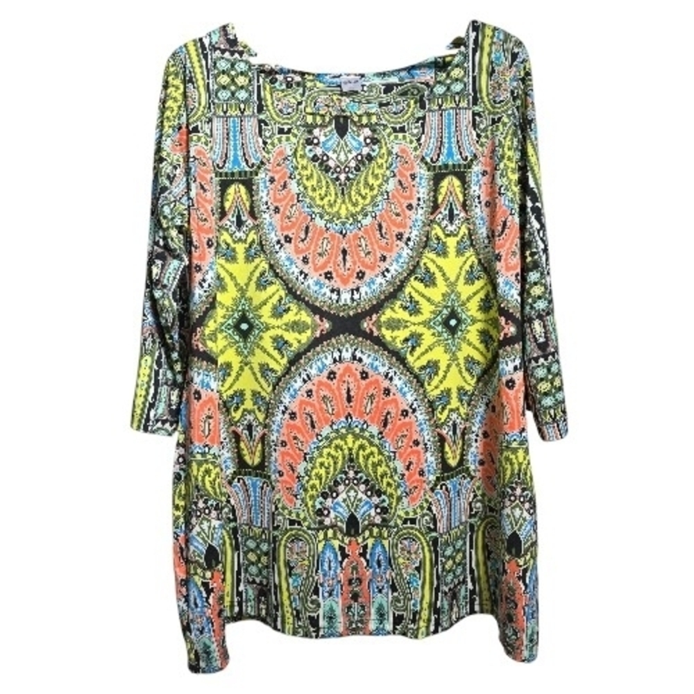3X Tunic Top, Lightweight, Multicolor Paisley Motif - Easy Wear